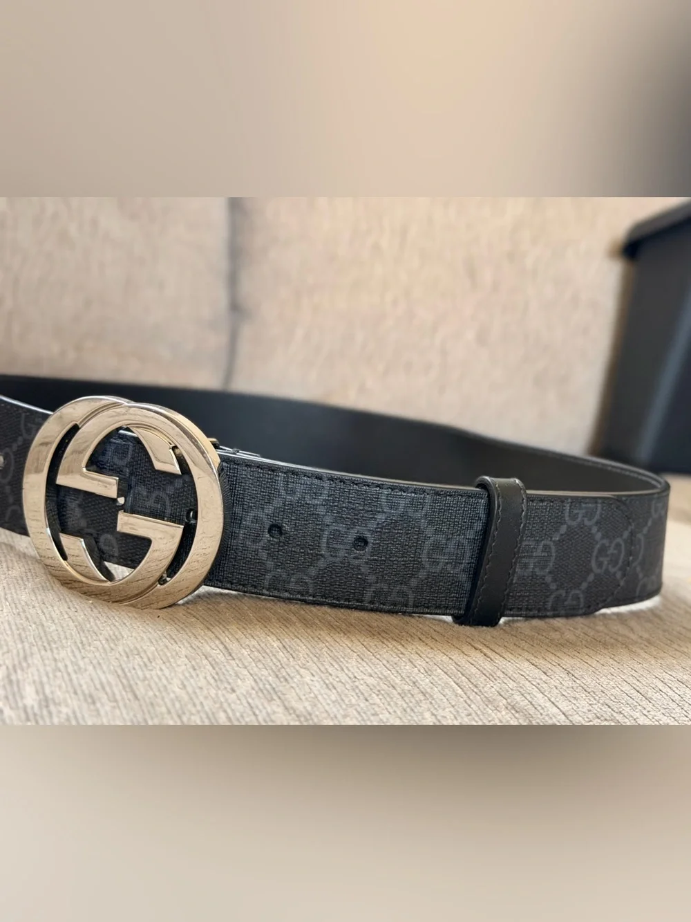 Gucci Black Monogram Leather Belt with Silver Interlocking G Buckle
